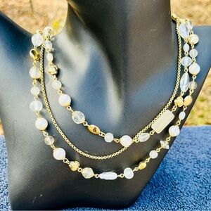 Lia Sophia three strand necklace, gold, white and frosted beads